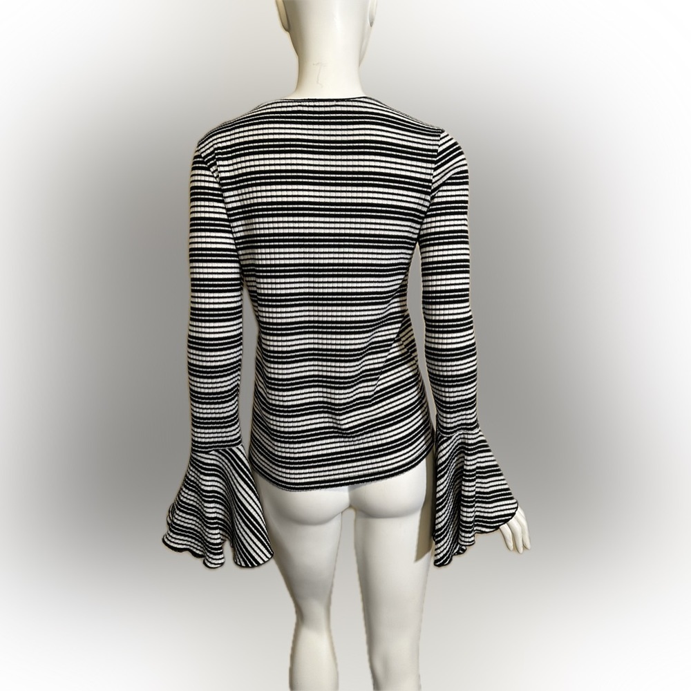 Zara Trafaluc Top Back White Striped Flounce Bell Sleeve Ribbed Womens Small - Picture 3 of 8